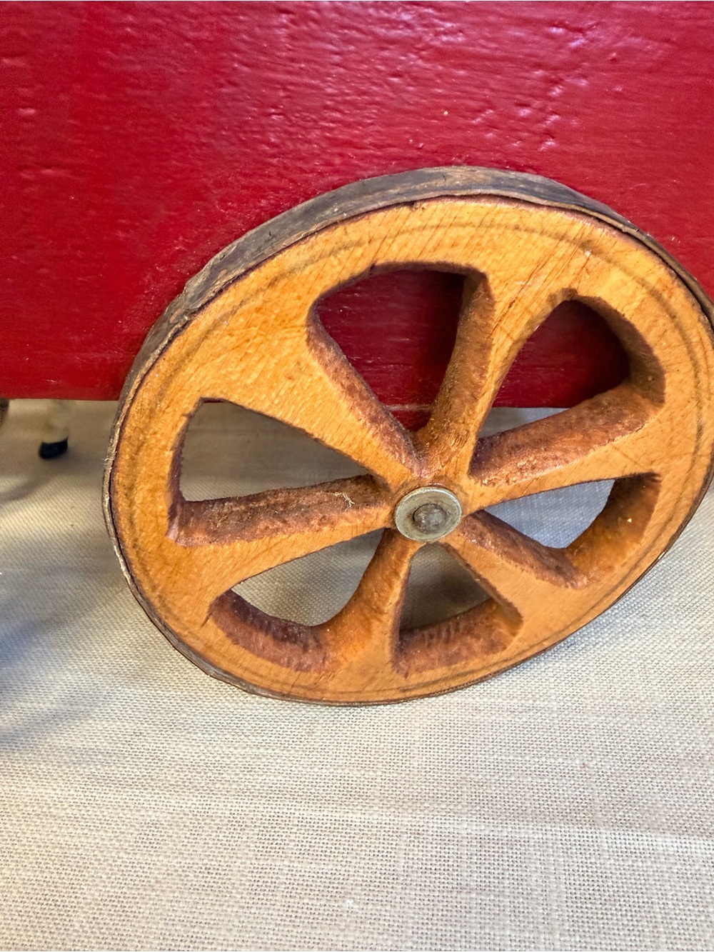 Vintage-Style Red Wooden Cart Accent with Donkey Figure - Picture 3 of 5